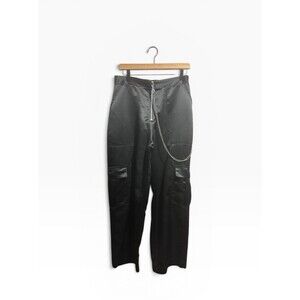 The Ragged Priest Satin Cargo Pants Large Womens Wide Leg Black Silo Trousers
